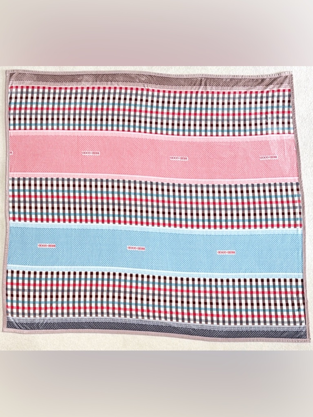 Striped Plaid Patchwork Large Fleece Blanket with Pink & Blue Panels New - Picture 1 of 5